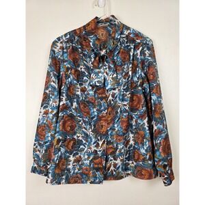 Pykettes Blouse Womens M Teal‎ & Rust Floral Tie Neck Shoulder Pads Button Up